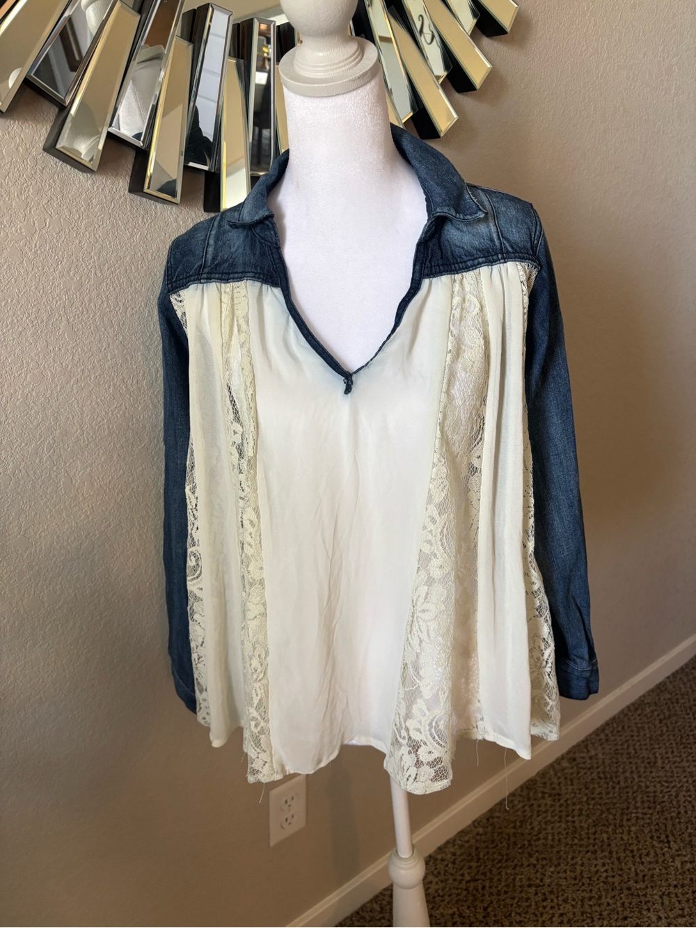 Free People Ivory Lace Tunic with Denim Yoke